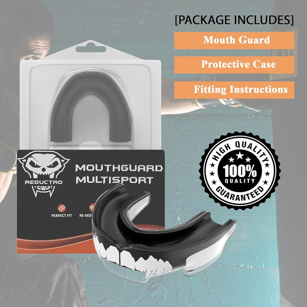 Mouthguard Slim Fit, Adults and Junior Sports Gum Shield Mouth Guard with Case for Boxing, MMA, Rugby, Hockey, Karate, Judo and All Contact Sports. Fitting Technology. (Black & White)