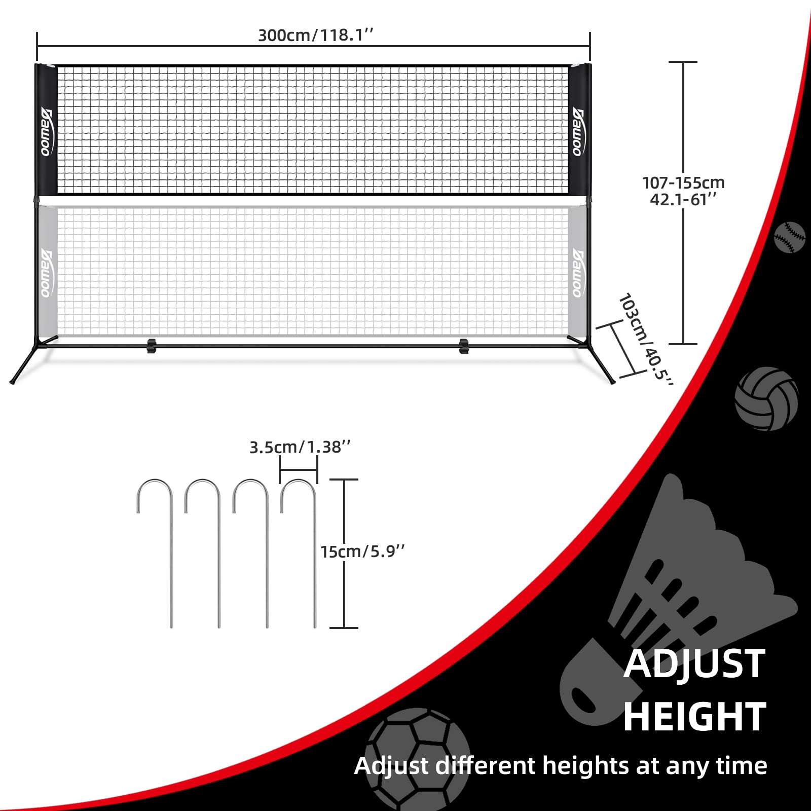 Portable Sports Net Set - Tennis, Badminton, Volleyball & Pickleball - 3M Easy Setup