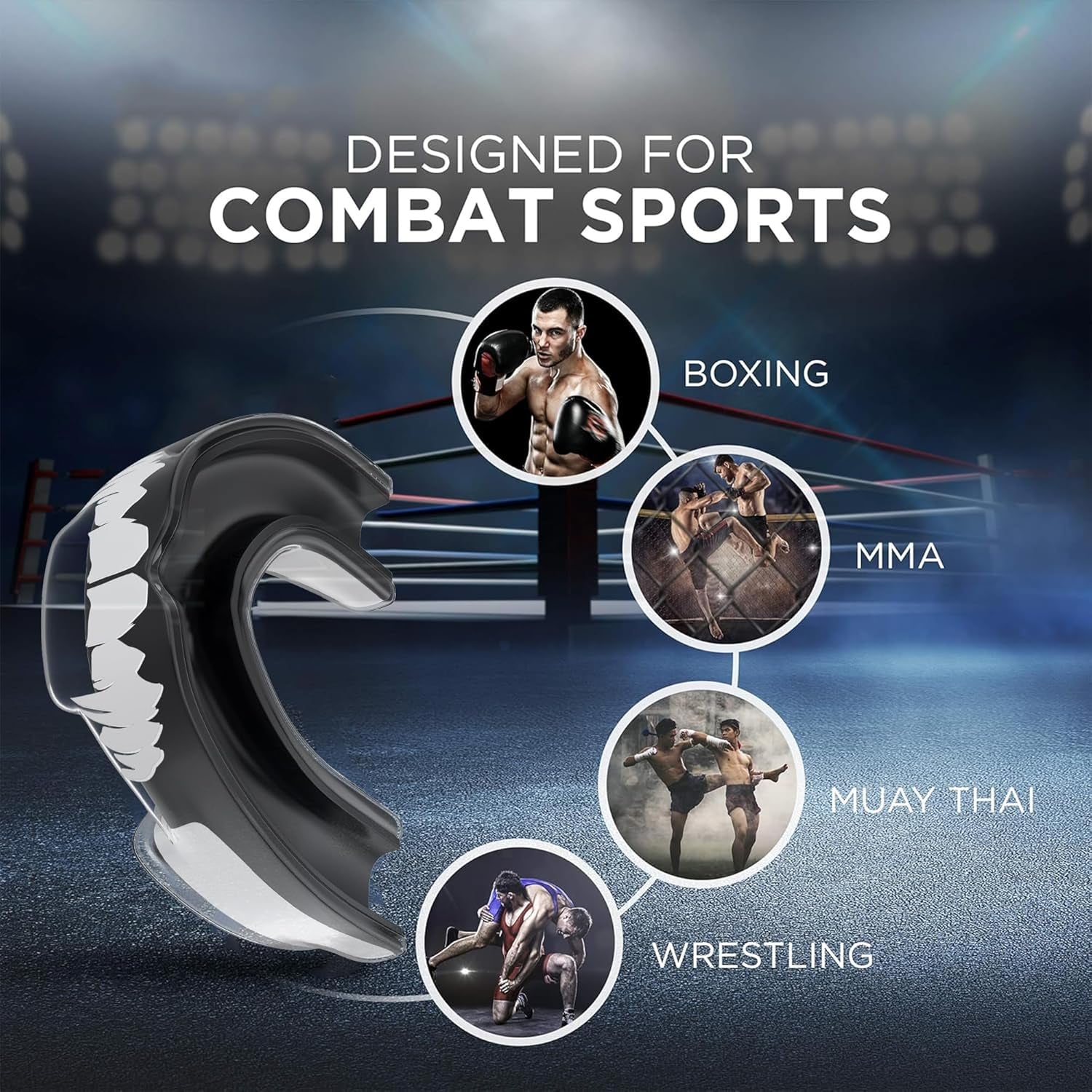Mouthguard Slim Fit, Adults and Junior Sports Gum Shield Mouth Guard with Case for Boxing, MMA, Rugby, Hockey, Karate, Judo and All Contact Sports. Fitting Technology. (Black & White)